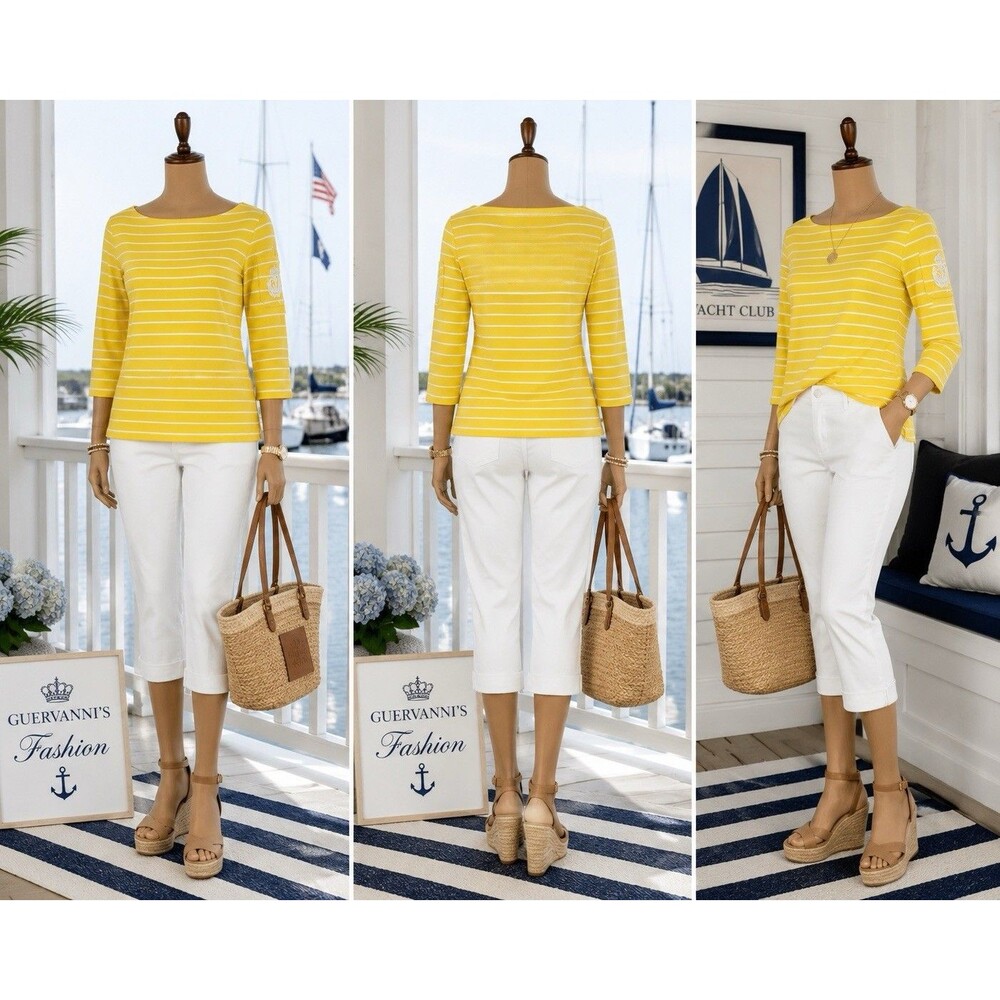 Lauren Ralph Lauren Shirt Top Womens Yellow White Striped Boat Neck 3/4 Sleeve M